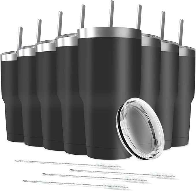 30oz Tumbler Vacuum Insulated Travel Mug with Lids, Stainless Steel Double Wall Bulk Cup for Home, Office, Outdoor Suitable for Vehicle Cup Holders(Set of 8, Black)