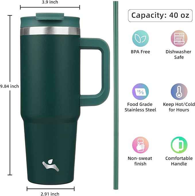 Konokyo 40 oz Tumbler with Handle and 2 Straws,2 in 1 Lid Insulated Water Bottle Stainless Steel Travel Coffee Mug,Dark Green