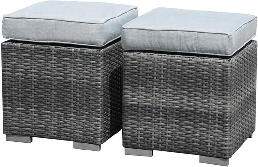 Patiorama 2 Pieces Assembled Outdoor Patio Ottoman, Indoor Outdoor All-Weather Grey Wicker Rattan Outdoor Footstool Footrest Seat with Light Grey Cushions, No Assembly Required