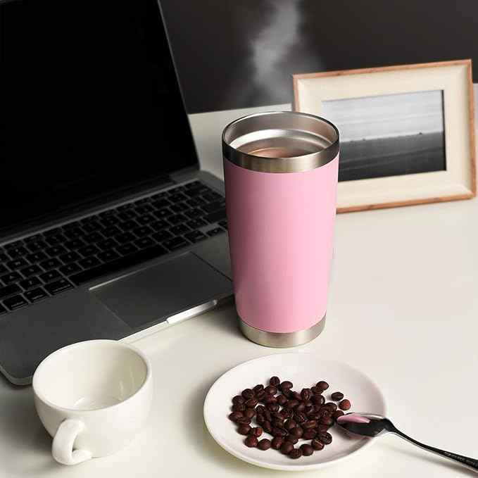 DOMICARE 20oz Stainless Steel Tumbler Bulk with Lid, Double Wall Vacuum Insulated Travel Mug, Powder Coated Coffee Cup, Pink, 4 Pack