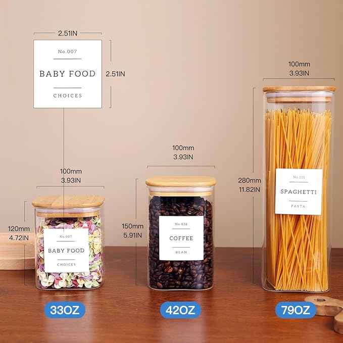 CZZGSM 5 Pack Square Glass Pantry Storage Containers with 132 Kitchen Food Pantry Labels - Clear Glass Jars with Airtight Wood Bamboo Lids - Glass Canisters for Cookies, Nuts, Cereal