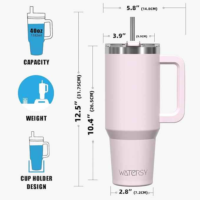 40 oz Tumbler with Handle,Tumbler with Lid and Straw,Double Wall Insulated Cup Stainless Steel Travel Mug(Cold for 34 Hours),Water Bottle for Iced Tea,Coffee,Cold Beverages(Rose Quartz)