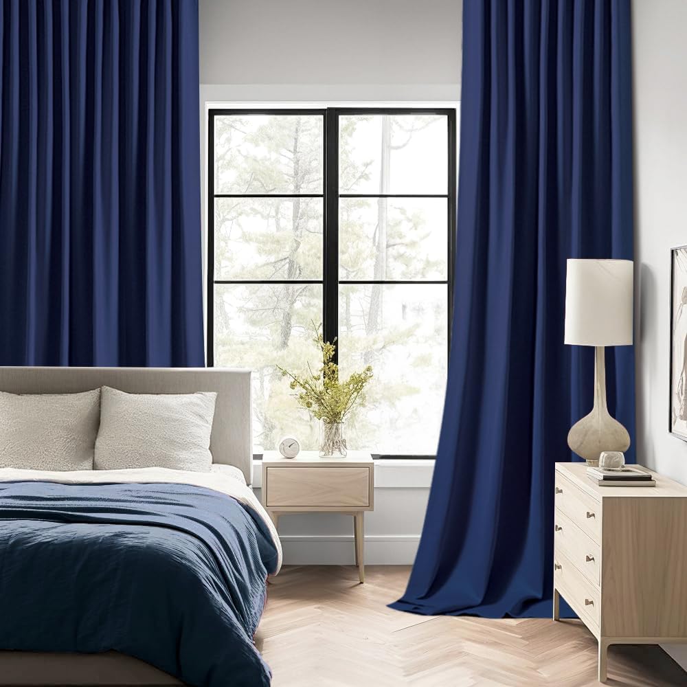 MIULEE Navy Blue Back Tab Blackout Curtains 108 Inch Long 2 Panels Set for Bedroom, Rod Pocket/Pinch Pleat Extra Long Thermal Insulated Living Room Darkening Pleated Light Blocking Drapes