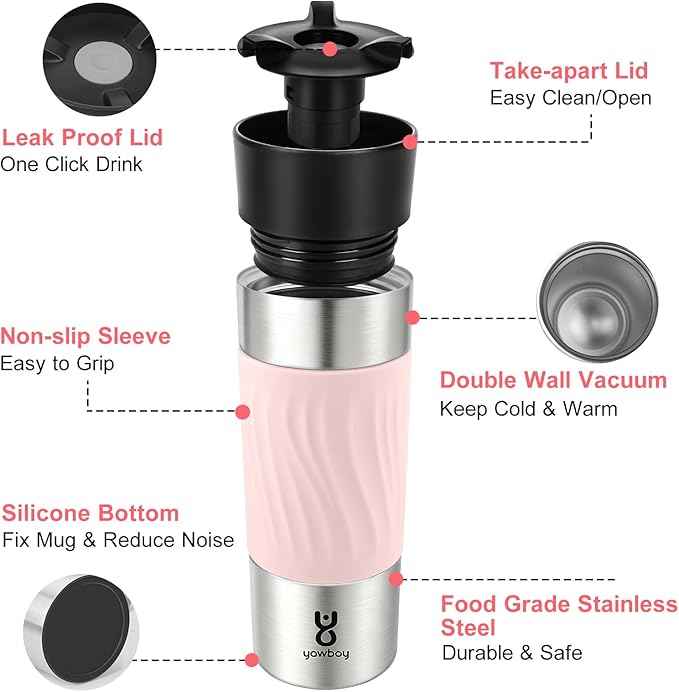 Travel Coffee Mug with 360°Lid, Travel Coffee Tumbler 16 oz Leak Proof, Stainless Steel Insulated Travel Mugs for Hot and Cold Spill Proof Leak Proof(Pink)