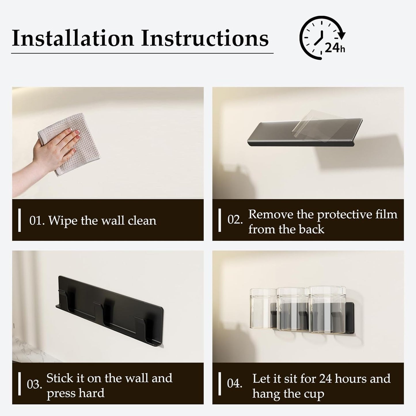 Cup Holder, 4 Pack Wine Glass Holder，No Drilling Installation Wine Glass Holder Wall Mounted for Dining Room, Kitchen and Bar Daily Use (Classic Black)