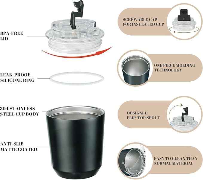 Puraville Insulated Tumblers with Lid, 10 oz Travel Coffee Mug Stainless Steel Vacuum Cup, Leak Proof Reusable Double Walled Coffee Tumbler for Iced and Hot Drinks, Black
