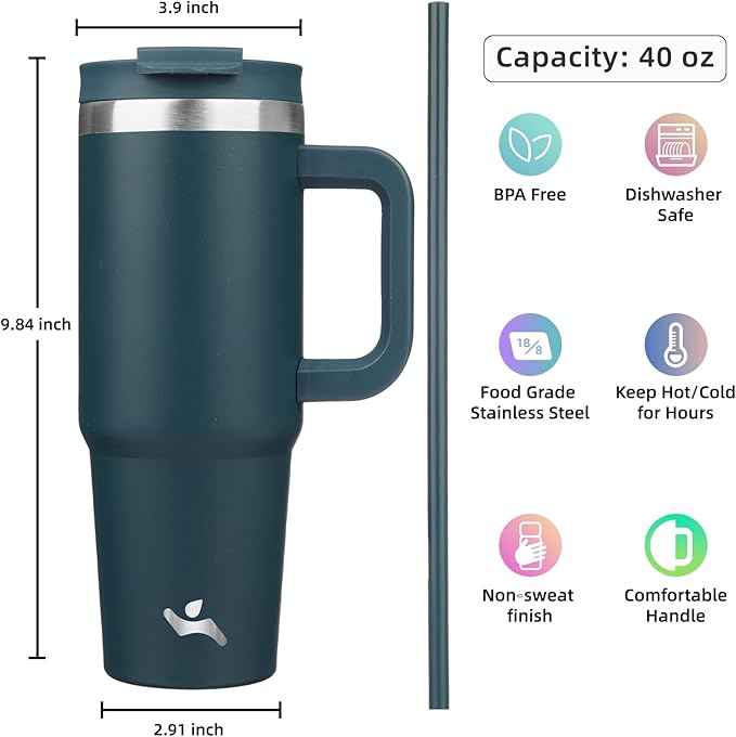 Konokyo 40 oz Tumbler with Handle and 2 Straws,2 in 1 Lid Insulated Water Bottle Stainless Steel Travel Coffee Mug,Navy blue