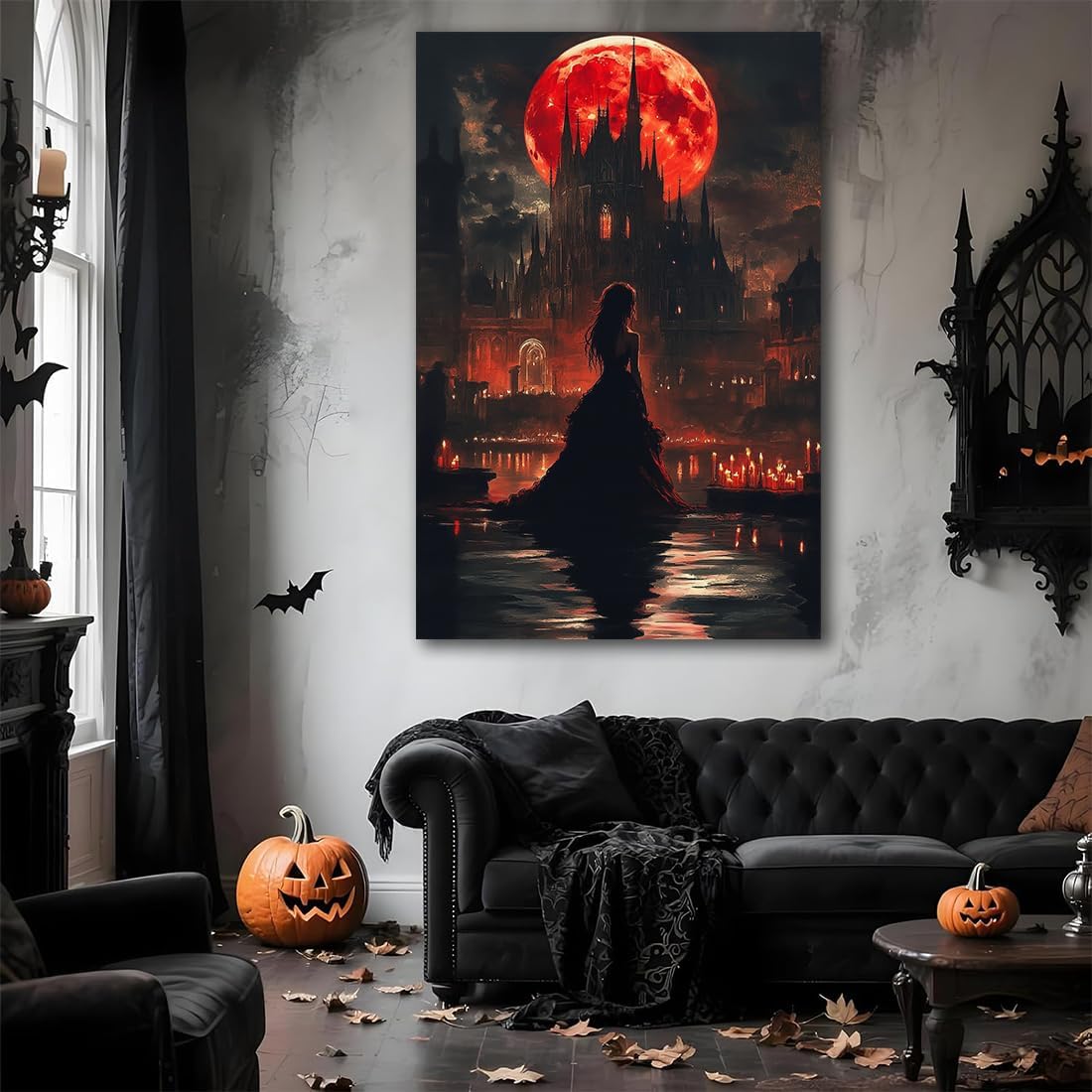 Halloween Witch Poster Canvas Prints Art Vintage Decor,Red Castle Blood Moon and Witch Scene Gothic Painting,Rustic Dark Academia Wall Art for Bathroom Spooky Living Room Wall Decor,8"x12" Framed