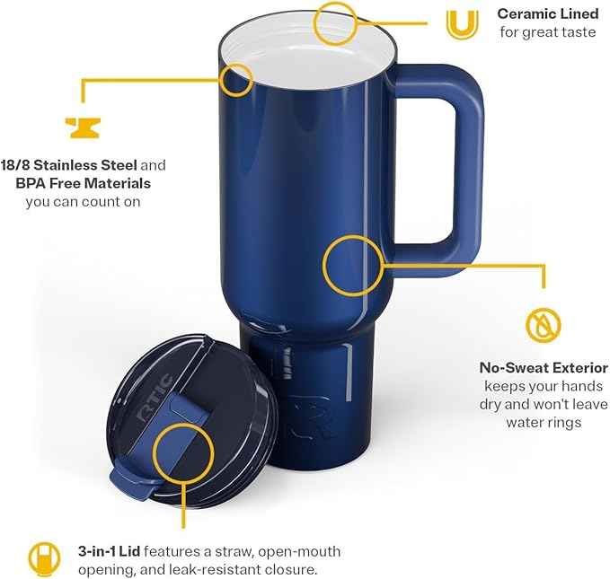 RTIC 40 oz Road Trip Tumbler Double-Walled Insulated Stainless Steel Portable Travel Coffee Mug Cup with Lid, Handle and Straw, Midnight Dust Metallic