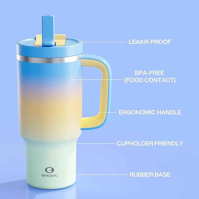 ENCOOL 32 oz Tumbler with Handle and Straw: Stainless Steel Insulated Tumbler Keeps Cold for 24 Hours, Leakproof Travel Cup Fits in Cup Holder and BPA-Free, Sunny Breeze