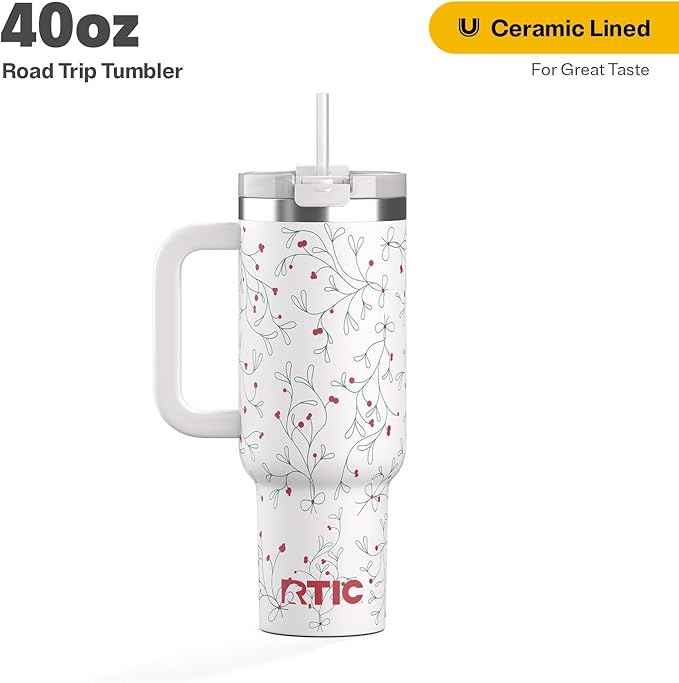 RTIC 40 oz Road Trip Tumbler Double-Walled Cermaic Lined Insulated Stainless Steel Portable Travel Coffee Mug Cup with Lid, Handle and Straw, Mistletoe