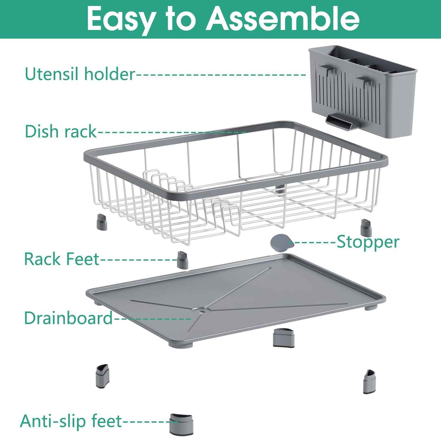 Hiviweer Dish Drying Rack - Space-Saving Dish Rack,Dish Racks for Kitchen Counter with Drainboard, Rustproof Dish Drainer with a Removable 4-Compartment Utensil Holder,Gray
