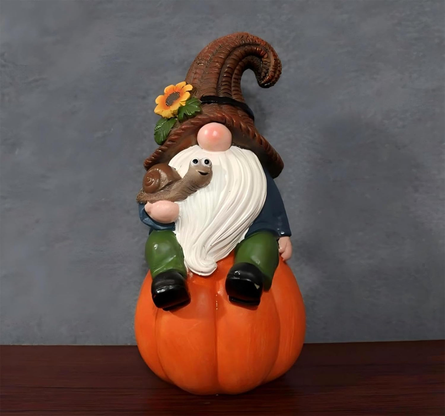 Garden Gnome Statue with Snail, Fall Pumpkin Decoration, 5.9 inch Height Gnome Figurine, Cute Thanksgiving Gifts, Outdoor Indoor Autumn Decor