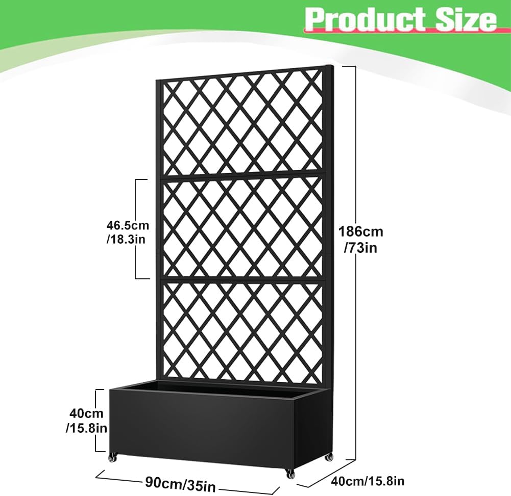 Metal Planter Box with Privacy Screen Trellis,Galvanized Raised Garden Bed On Wheels for Climbing Plants Vines, Standing Garden Flower Bed with Drainage Holes (Black, 35" L x16 W x 73" H)