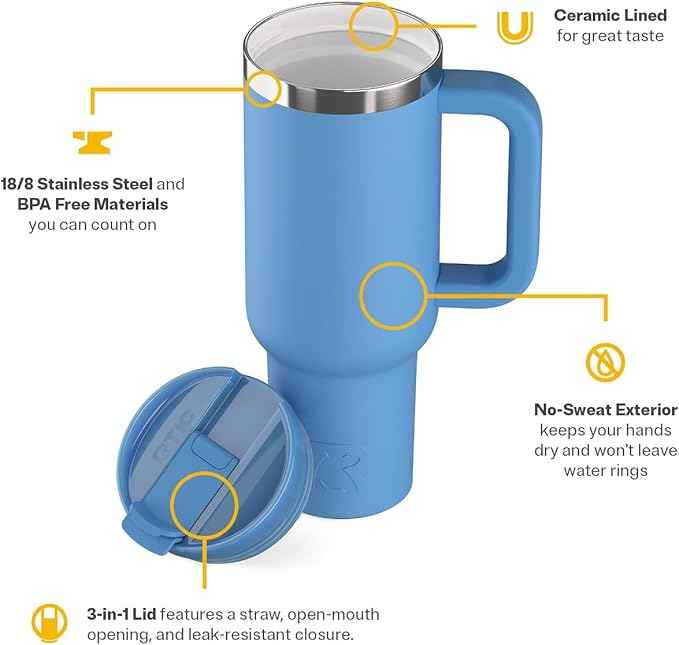 RTIC 40 oz Road Trip Tumbler Double-Walled Insulated Stainless Steel Portable Travel Coffee Mug Cup with Lid, Handle and Straw, Denim