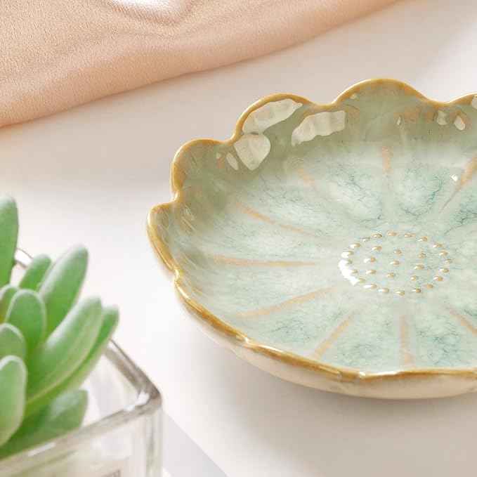 Lotus Ring Holder Dish Small Indoor Ash Tray, Ceramic Dessert Plate Trinket Jewelry Holder Organizing Necklace Earrings for Parents Friends Sister, Light Green. All Jewelries Are NOT Included.