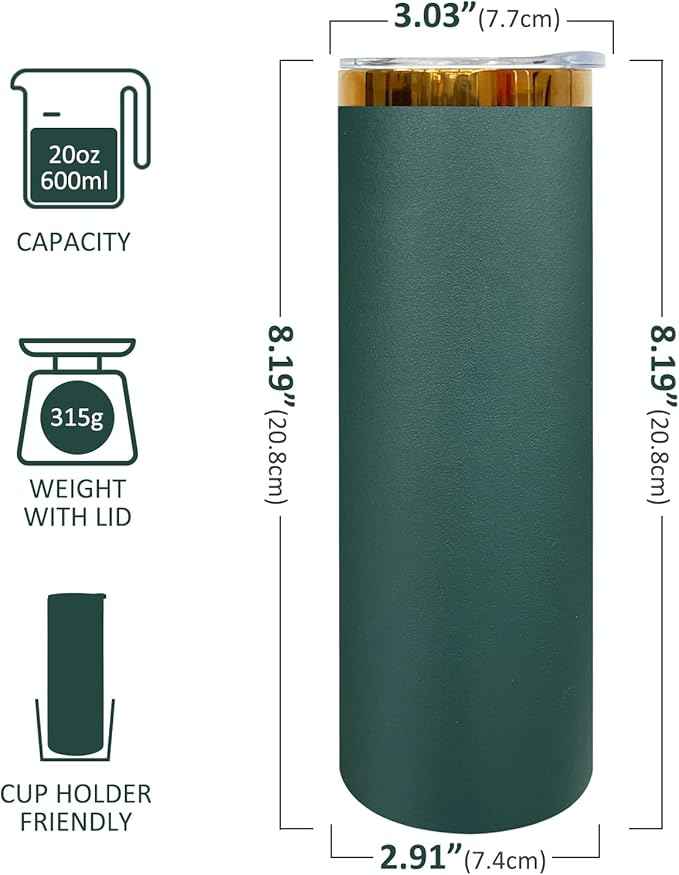 20 oz Skinny Tumblers Stainless Steel Tumbler with Lid and Straw Double Wall Vacuum Insulated Coffee Mug 20oz Powder Coated Cup for Hot and Cold Drinks(Green,1 pack)