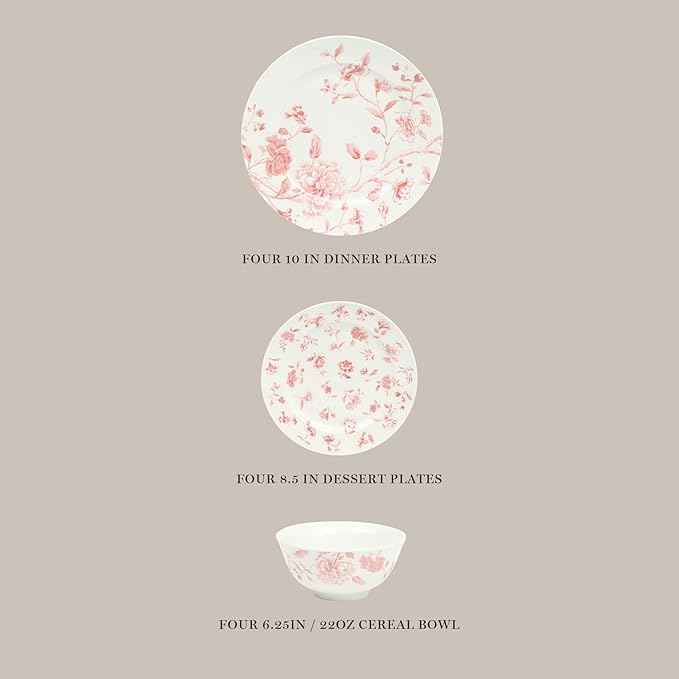 Martha Stewart Empress Bouquet 12-Piece Decorated Porcelain Chip and Scratch Resistant Dinnerware Plates and Bowls Set - Pink Floral