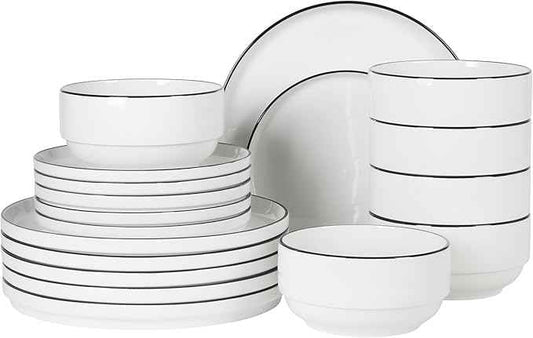 Gibson Home Rothernberg Plates and Bowls 18 Piece Porcelain White Dinnerware Set W/Black Rim | Stackable Dishes | Microwave & Dishwasher Safe