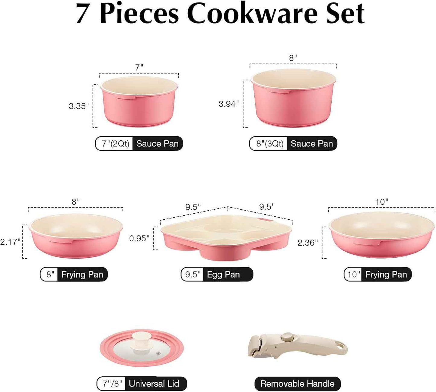 Ceramic Pots and Pans Set Non Stick, 7 Pcs Nonstick Cookware Set with Detachable Handle RV Camping Induction Kitchen Cookware Set Non Stick, PFAS PFOA & PTFE Free