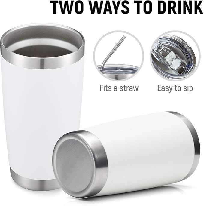 COMOOO 20oz White Tumbler Double Wall Vacuum Insulated Travel Mug Stainless Steel Coffee Mug with Lid and Straw Durable Powder Coated Insulated Coffee Cup for Cold & Hot Drinks (White,12 pack