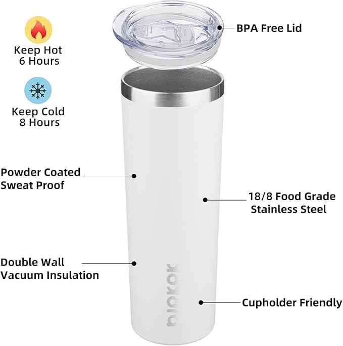 BJPKPK 20 oz Skinny Tumbler with Lid 2 Pack Slim Insulated Travel Coffee Cup Stainless Steel Thermal Mug,Black,White
