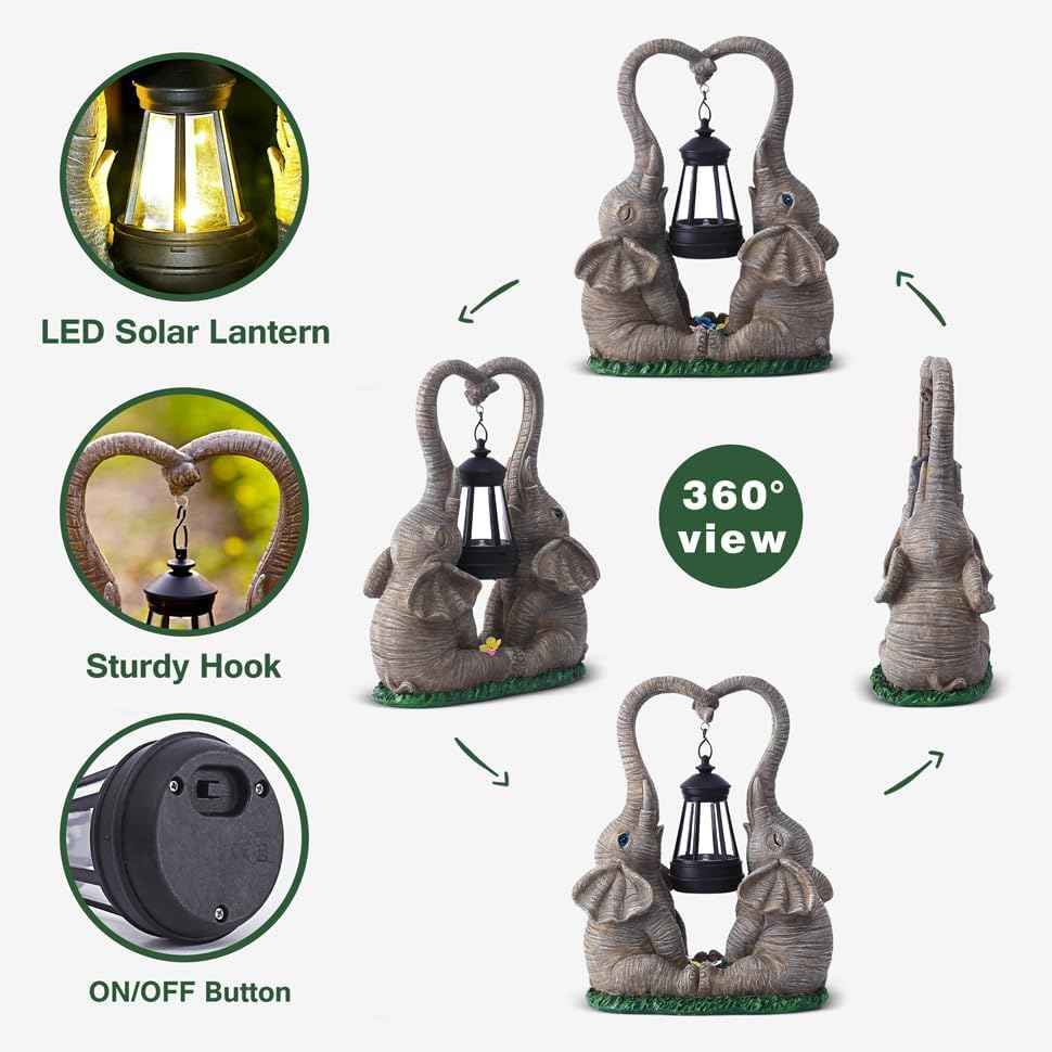 Elephant Statue Garden Decor with LED Solar Lights-Set of 2 Good Luck Elephant Outdoor Statue Elephant Gifts for Women Garden Statues for Yard Patio,Porch,Home for Women