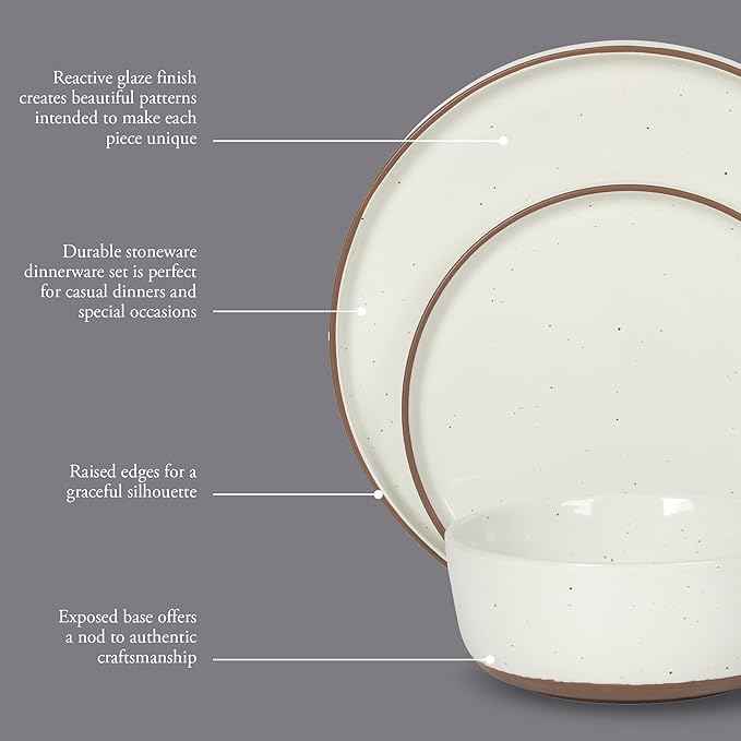 Gibson Elite Northrock Stoneware Dinnerware Set, 12-Piece Service for 4 Plates and Bowls Set – White Dishes with Hand-Painted Terracotta Base
