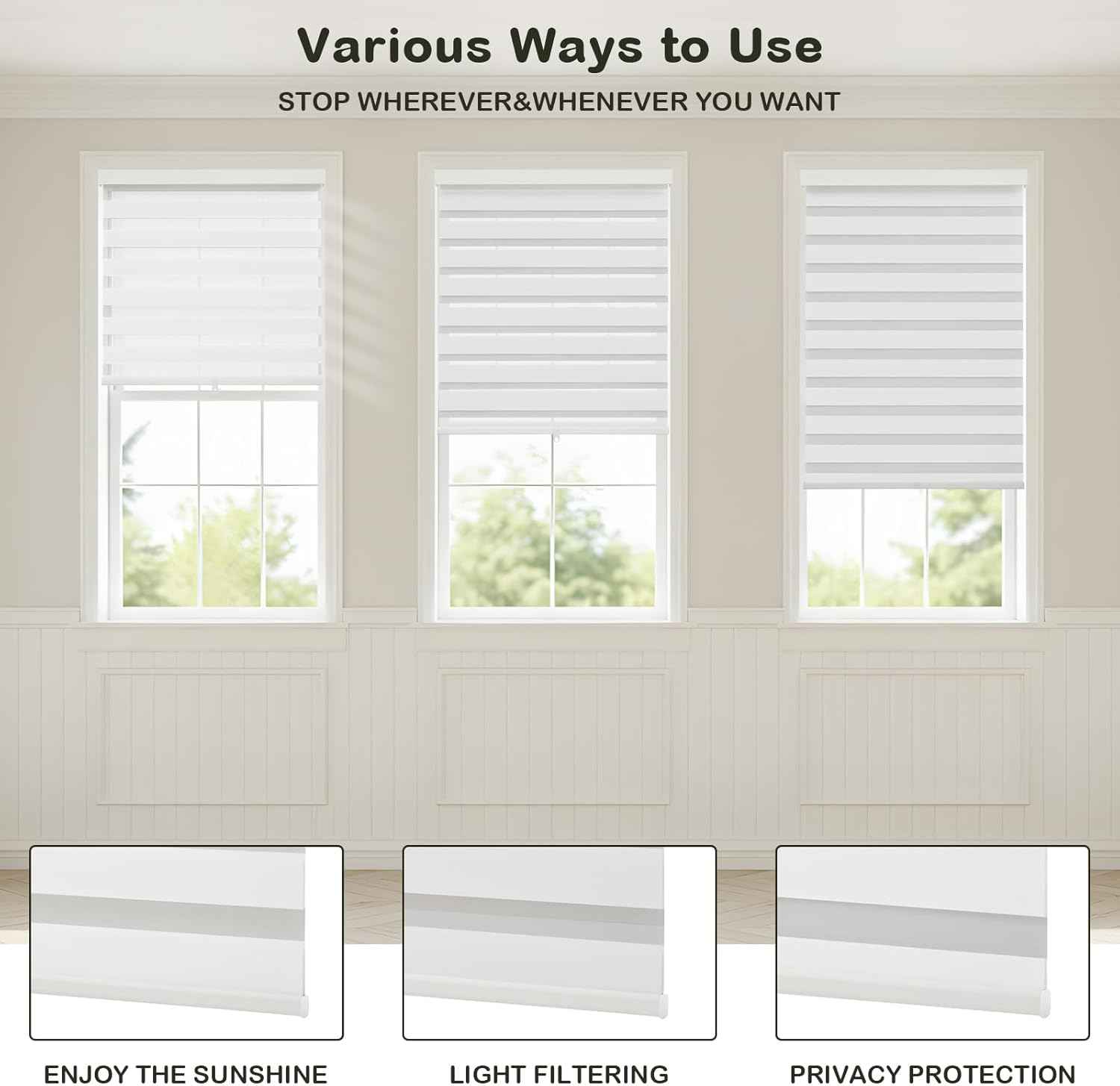 Cordless Zebra Blinds for Windows,Free-Stop Roller Zebra Shades,Light Filtering Blinds for Indoor windows with Upgraded Cassette,Pull Down Privacy Window Shades for Home (35" W x 72" H, White)