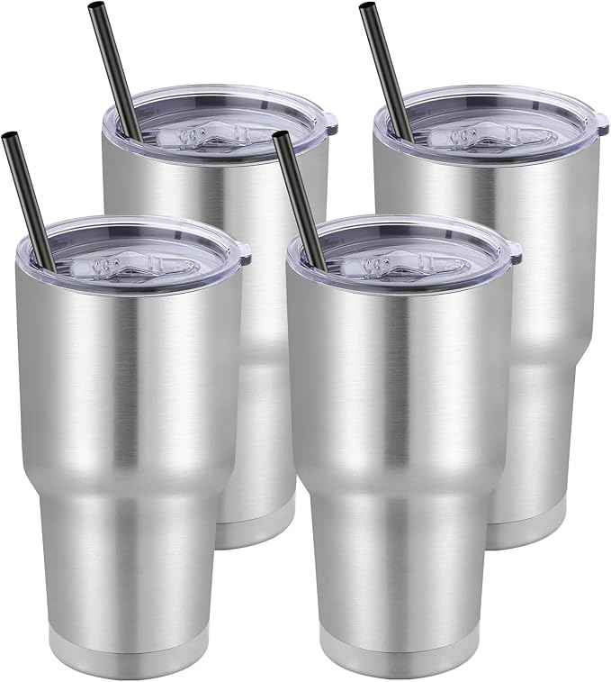 DOMICARE 30 oz Tumbler with Lid and Straw, Stainless Steel Tumblers Bulk, Insulated Vacuum Double Wall Travel Coffee Mug, Durable Powder Coated Tumbler Cups (Stainless Steel, 4)