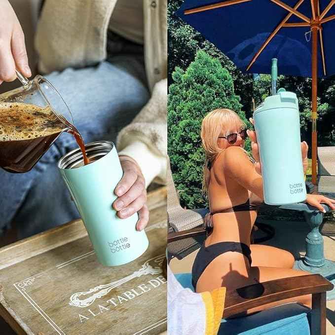 BOTTLE BOTTLE Coffee Tumbler with Dual-use Lid and Straw Double Walled Iced Travel Coffee Mug for Woman and Man 12 oz Stainless Steel Insulated Tumbler with Handle (green)