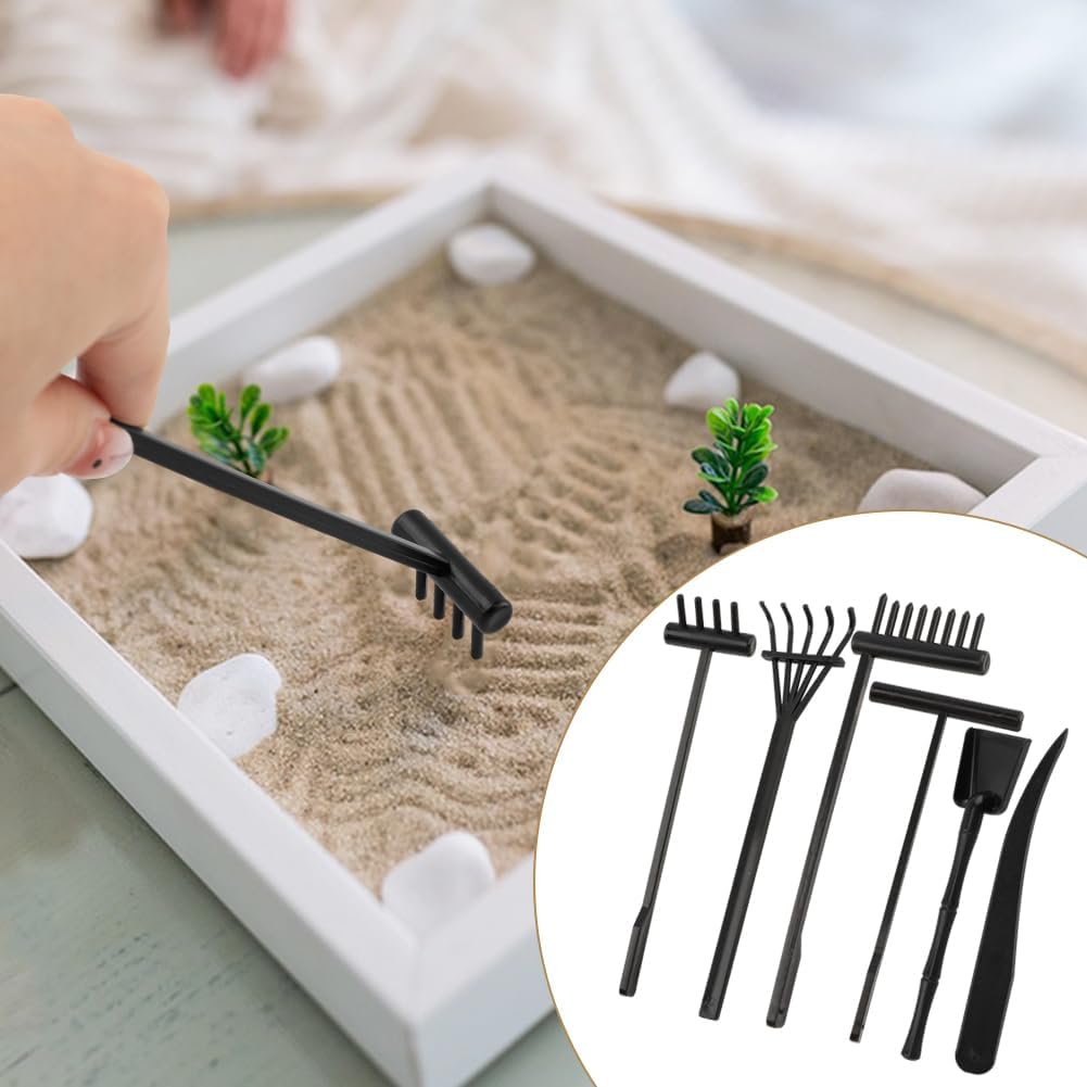 6 Pcs Mini Zen Garden Rake Tools, Miniature Tabletop Rock Zen Sand Rake Set with Pushing Drawing Pen 3 Small Rakes, Mini Sand Stamp Rakes, Meditation Rock Garden Accessories(Beige)