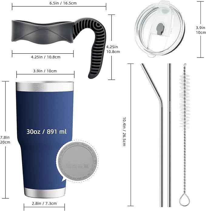 GGQ 30oz Insulated Tumbler with Handle Food-Grade 304 Stainless Steel with Lid,Straw and Cleaning Brush,Double Wall Cup for Hot & Cold Beverages,Leak-Proof Sweat-Proof Travel Coffee Cup (Silver)
