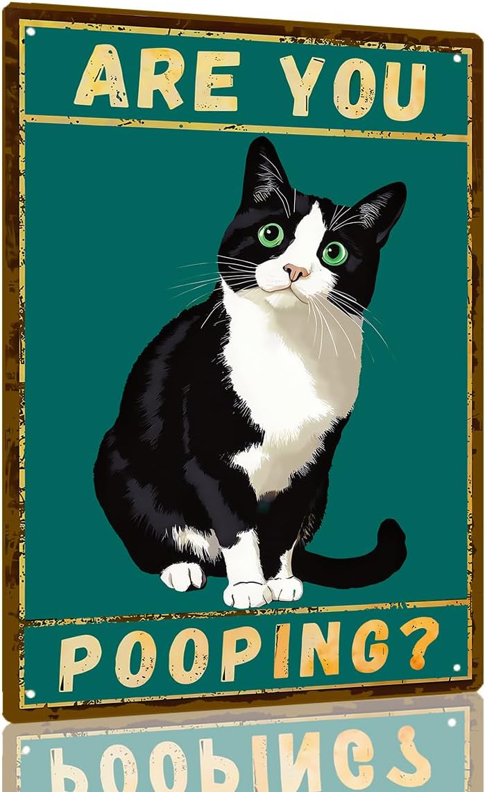 "Are You Pooping Sign" Funny Bathroom Wall Art,Vintage Tuxedo Cat Metal Sign,Funny Bathroom Cat Wall Decor,Western Home Decor for Cat Lovers,8x12 Inch