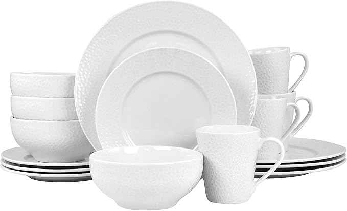 Elama White Porcelain Dish Dinnerware Set, 16 Piece, Jasmine (Elama Glossy)