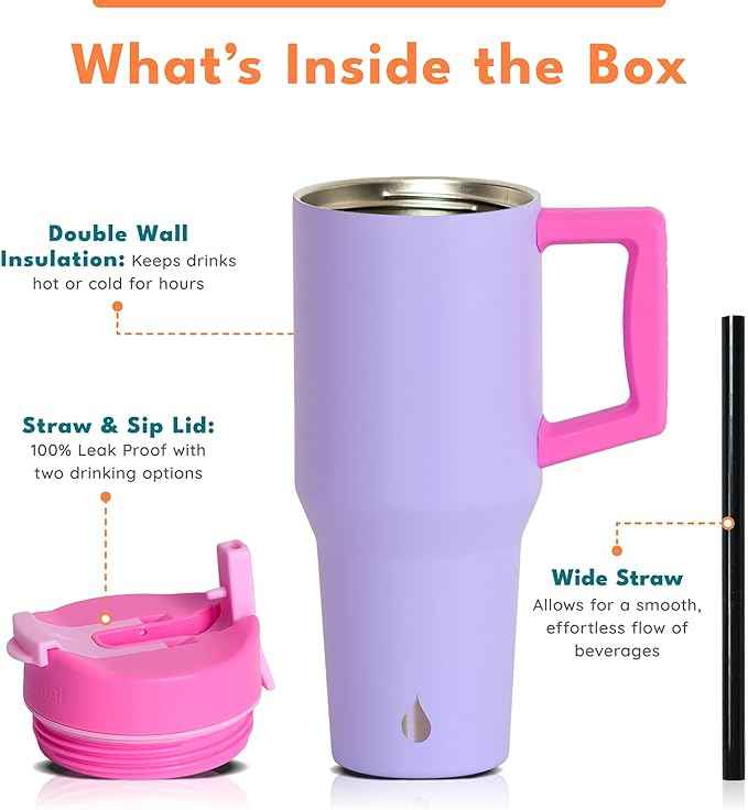 Elemental 32 oz 100% Leak Proof Tumbler with Handle & Straw - Stainless Steel Double Wall Insulated Tumbler for Hot and Cold Beverages - Travel Coffee Mug with Sip & Straw Lid - Lilac Tie Dye