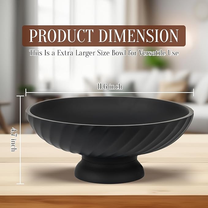 Deobath Large Resin Pedestal Decorative Bowl - Modern Fruit Bowl for Kitchen Counter - Handicraft Bowls for Home Decor - Key Bowl for Entry Table,Matte Black