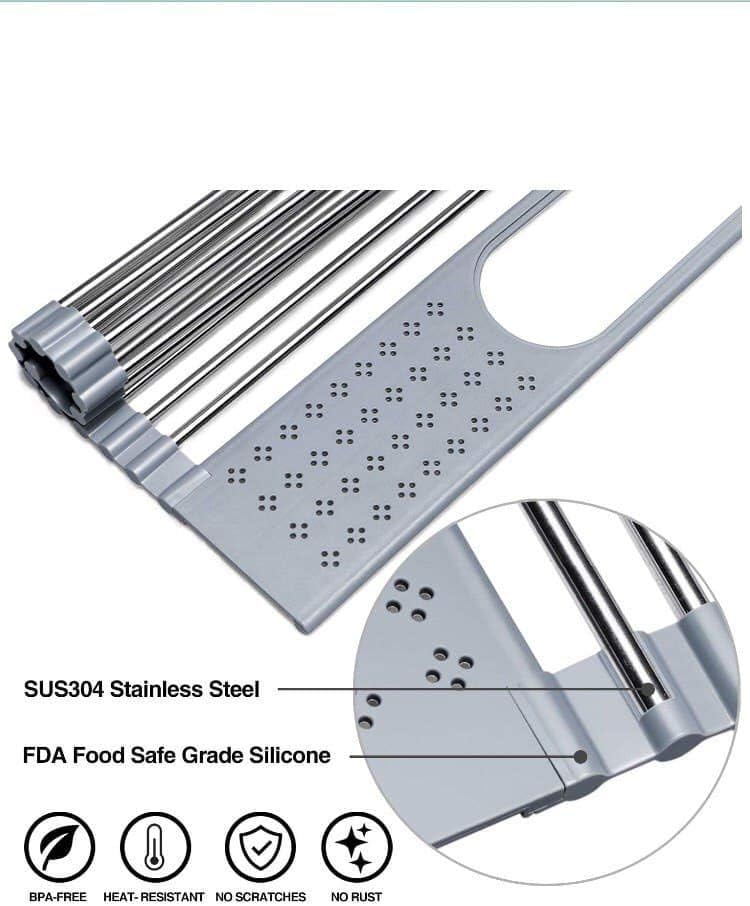T.R. Stainless Steel Roll-Up Dish Drying Rack Over The Sink, 20" x 11", Foldable, Dishware & Utensil Holder