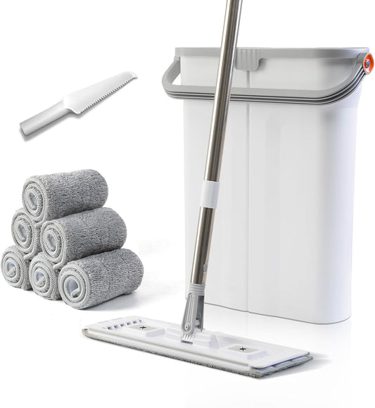 Mop and Bucket Set with Wringer Flat Mop Bucket System for Home Floor Cleaning,6 Reusable Microfiber Pads,Extended Stainless Steel Handle,Ideal for Hardwood,Wood,Laminate Floors,and Bathroom Mop