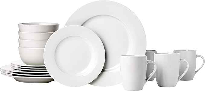 Amazon Basics 16-Piece Porcelain Dinnerware Set, Microwave and Dishwasher Safe, Service for 4, Plates, Bowls and Mugs, White