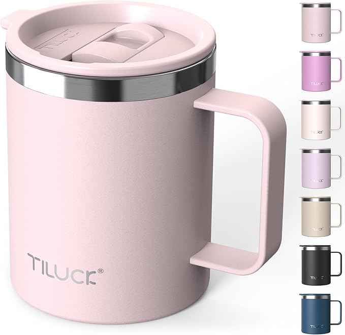 TILUCK 12 oz Insulated Coffee Mug with Lid, Double Wall Vacuum Insulated Travel Mug Cup with Handle for Hot or Cold Drinks（12oz，Matte LightPink）