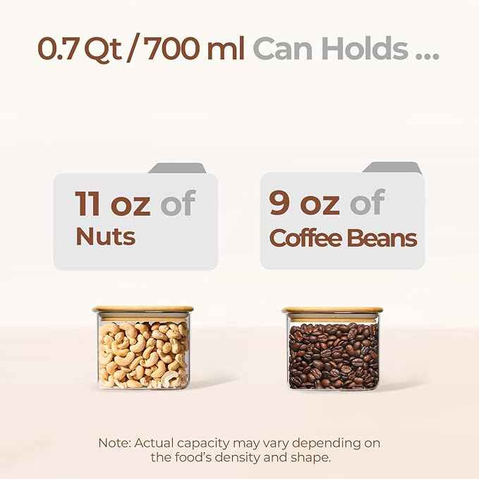 ComSaf 0.7 Qt Rectangle Glass Storage Containers with Lids, Glass Jars with Bamboo Lids, Clear Food Jar, Sugar Coffee Containers, Small Pantry Storage Container for Tea Candy Nuts Spices Oat