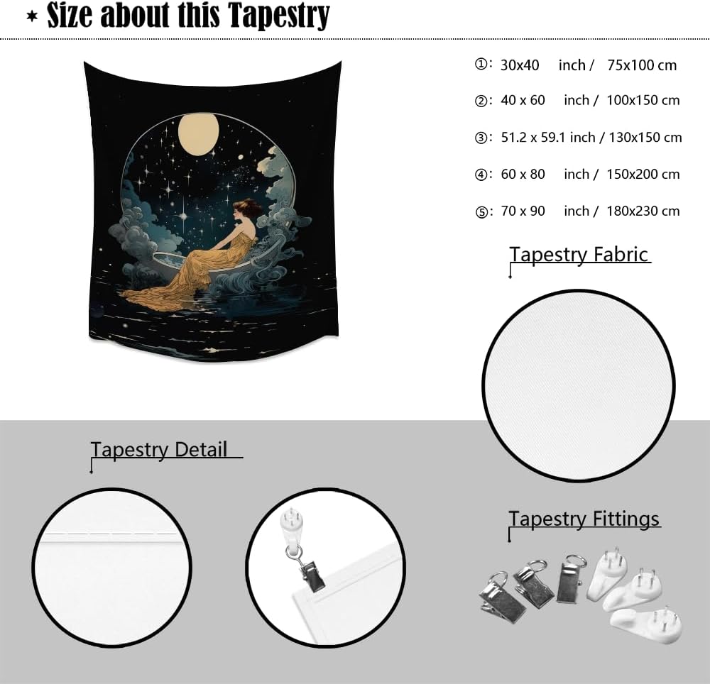 Dark Academia Tapestry Celestial Moonlit Bathing Lady Print Trendy Aesthetic Gothic Wall Hanging Vintage Art Nouveau Tapestries Wall Decor for Bedroom Living Room Dorm 40x60inch