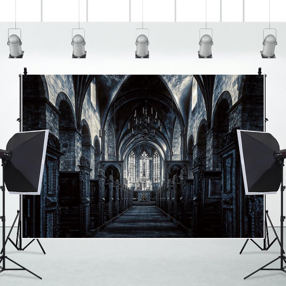 ChloropLastid 8x6ft Scary Church Halloween Backdrop Dark Black Horror Gothic Medieval Castle Interior Photography Background Halloween Night Carnival Theme Party Decor Banner Photo Studio Props