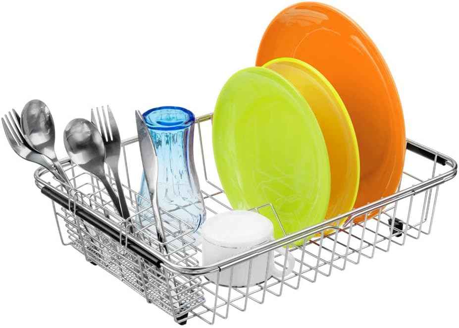 SANNO Dish Drying Rack with Stainless Steel Utensil Holder Large Dish Rack Drainer Drain Expandable Shelf Dish Rack in Sink or Over Sink or On Counter Rustproof Stainless Steel