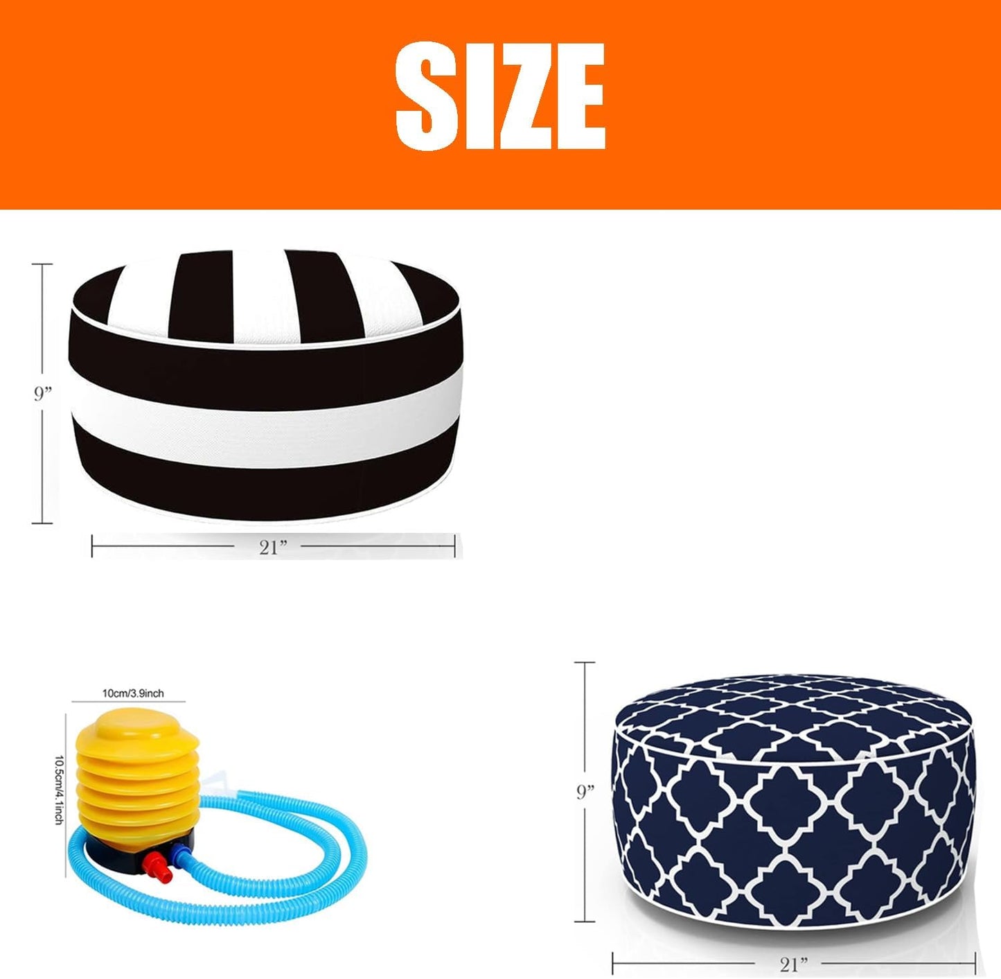 2 Pcs Outdoor Pouf, D21”x H9” Waterproof Outdoor Inflatable Ottoman with Foot Pump, Portable Patio Pouf for Garden Camping or Home Use