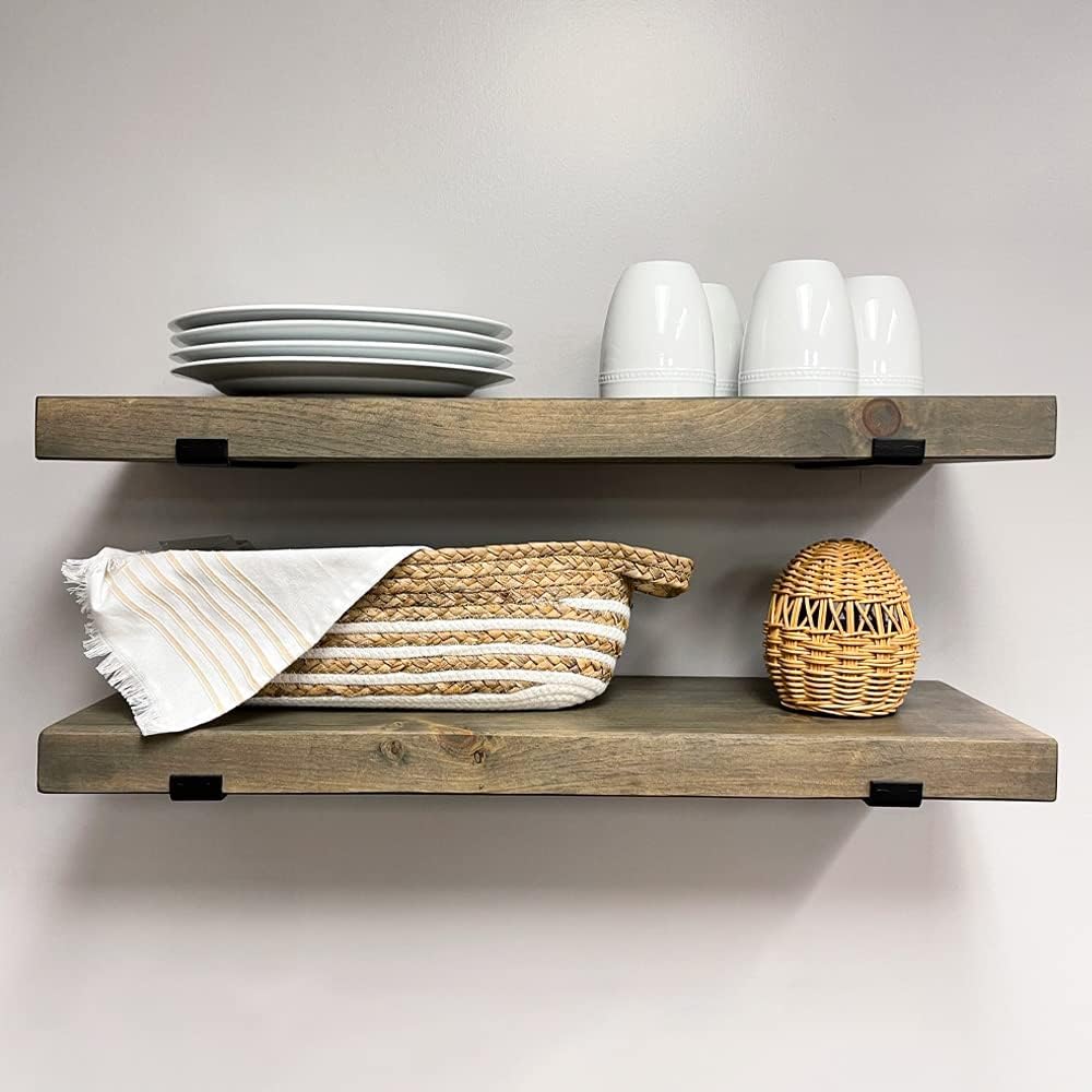 Rustic Shelves with J-Brackets Set of 2, Industrial Shelf, Kitchen Shelves, Solid Wood, Decorative Wall Storage, Heavy Duty, URBANDI (Grey, 12Wx12D)