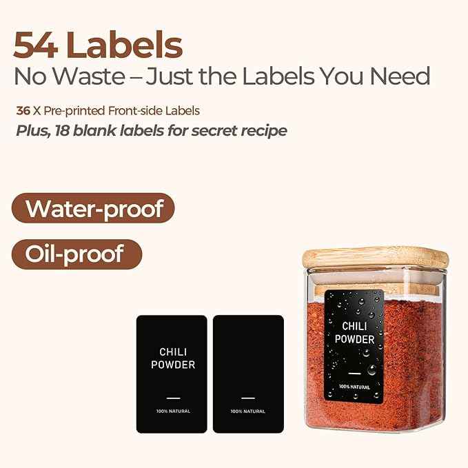 ComSaf Spice Jars with Label 4oz 16 Pack, Glass Spice Jars with Bamboo Lid, Mini Seasoning Containers with 54 Black Labels, Stackable for Kitchen, Pantry Organization, Loose Tea, Herbs, Powders, Salt