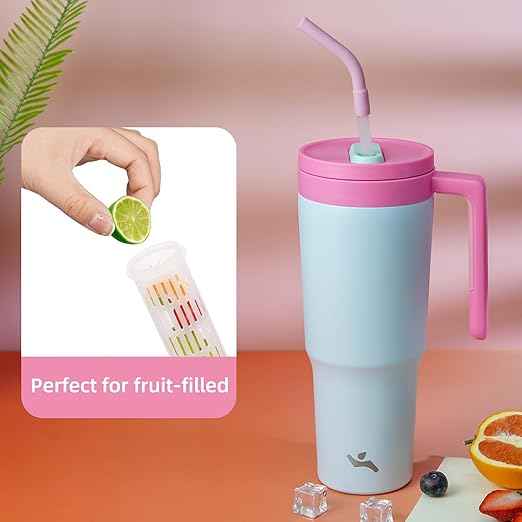 Konokyo Insulated Tumbler with Handle and Straw,40 OZ Vacuum Stainless Steel Water Bottle Travel Mug Metal Cup with Fruit Diffuser,Pink Grey