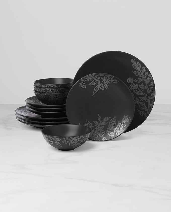 Oneida 897391 Roseto 12-Piece Dinnerware Set, Charcoal
